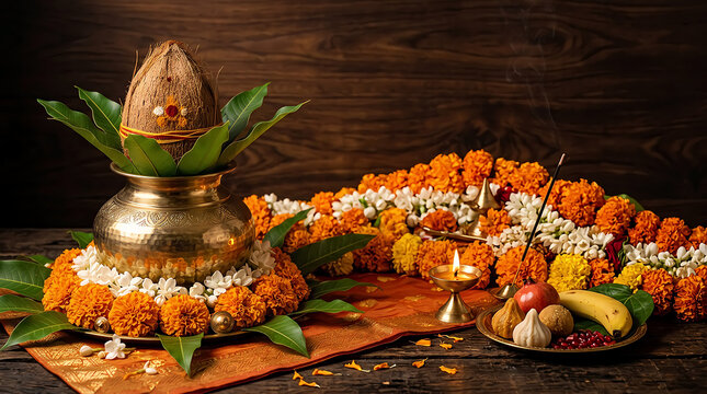 Traditional metal kalash pot with coconut and marigold flowers for celebration