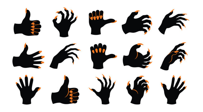 Set of scary monster hands with sharp orange nails