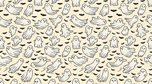 Cute Halloween seamless pattern with funny white ghost characters and black bats on beige background vector illustration