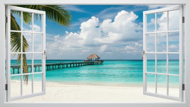 Tropical beach view through an open window with a wooden pier and turquoise water