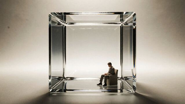 Businessman trapped inside transparent glass cube