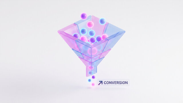 3D isometric floating geometric funnel filtering neon spheres for data processing concept