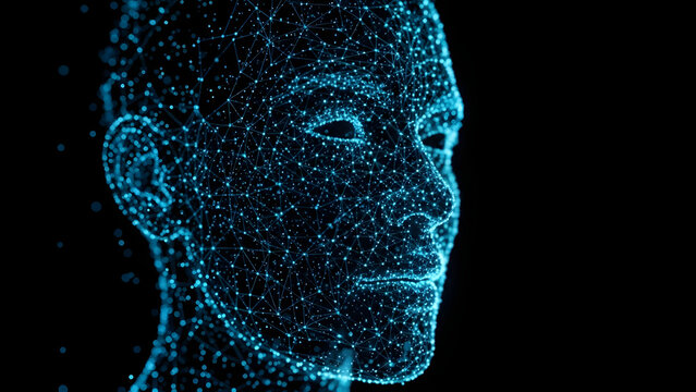 Futuristic Digital Human Head Concept Formed by Blue Glowing Particles Representing Artificial Intelligence and Big Data