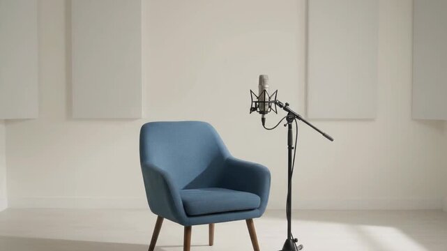 Empty Blue Armchair Facing A Studio Microphone In A Soundproof Room