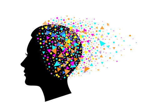 Abstract human head silhouette with colorful exploding geometric shapes, symbolizing thoughts, creativity, and digital information processin