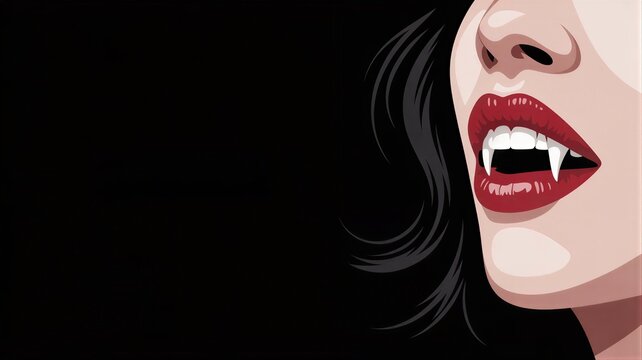 Halloween background template with illustration of a female vampire with red lipstick and sharp fangs on black for design with copy space