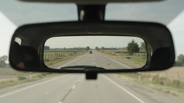 Car Rearview Mirror Reflecting A Distant Vehicle On A Rural Road