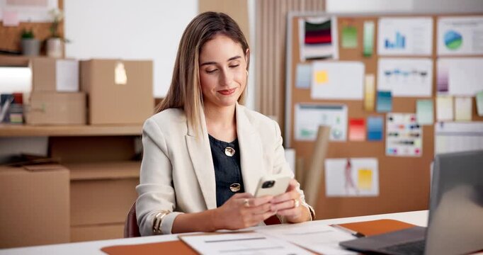 Ecommerce, woman and typing in office with phone, search website data and online store trend ideas. Happy, person and browse in small business with tech, app insights or stats for sales optimization.