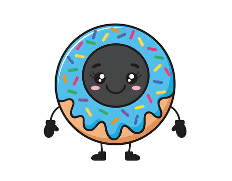 Cute cartoon donut character with blue frosting, colorful sprinkles, and a happy kawaii face, sweet dessert illustration