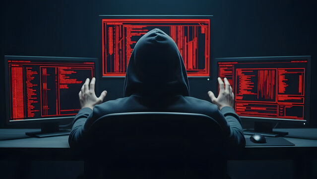 Cybercriminal wearing a hoodie, illuminated by the glow of multiple computer screens displaying code, representing the concept of hacking and cyber threats in the digital age