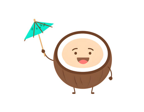 Happy Cartoon Coconut Character Holding a Cocktail Umbrella on a Tropical Beach Background