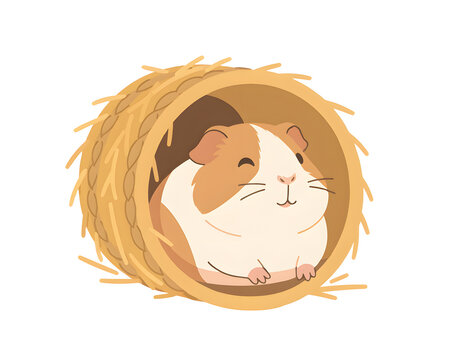 Cute cartoon guinea pig peeking out from a straw tunnel illustration