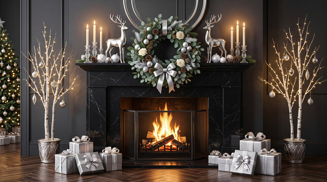 Cozy living room fireplace decorated for Christmas with a beautiful silver wreath, burning fire, candles, and wrapped presents.