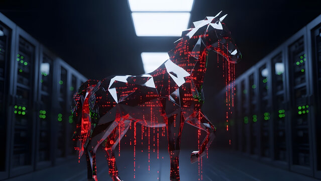 Cyber security concept with a digital low poly trojan horse in a dark server room representing malware infection and hacking