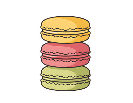 Stack of colorful French macarons vector illustration on black background, cute cartoon style dessert graphic