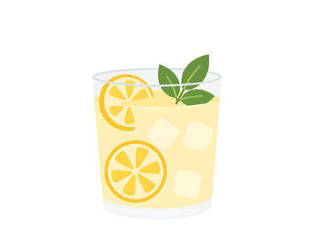 Glass of cold lemonade with lemon slices ice cubes and mint leaves illustration isolated on white background