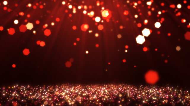 Red and gold particle wave animation with magical light rays for luxury stage background.