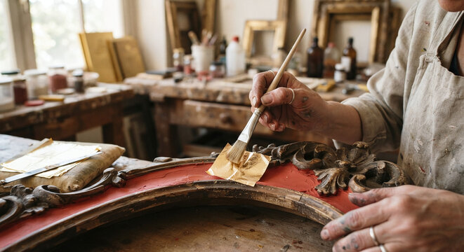 Artisan hands applying 24k gold leaf with gilders tip brush restoration