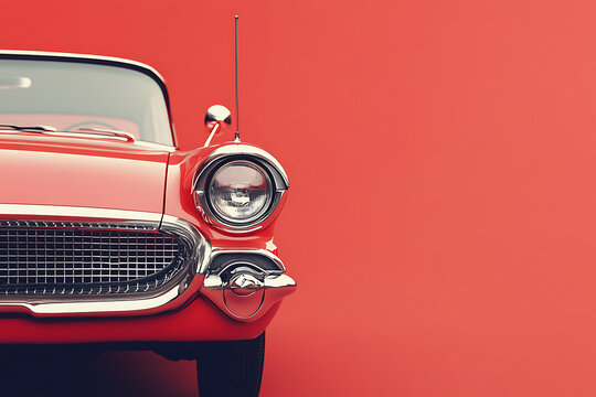 Front view of a classic vintage red car with chrome details against a solid red background