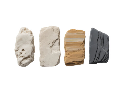 Assorted natural stone slabs with rough texture and earthy tones isolated on transparent background