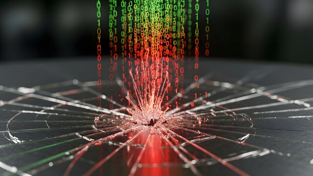 Broken digital screen with glowing red and green binary code falling into a cracked glass impact point representing a cyber security data breach
