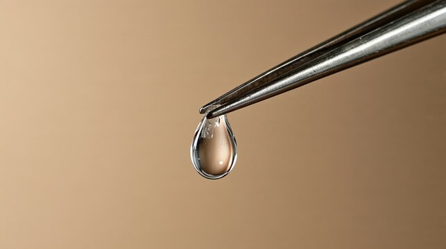 Funny science photo of tweezers holding a crystal proudly, warm beige wall.