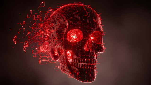 Futuristic Red Glowing Digital Cyber Skull with Glitch Effect and Disintegrating Particles on Dark Background Representing Data Corruption