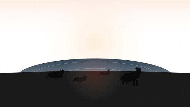 Silhouette of animals grazing on a dark field under a glowing sunset sky in a minimalist vector illustration style