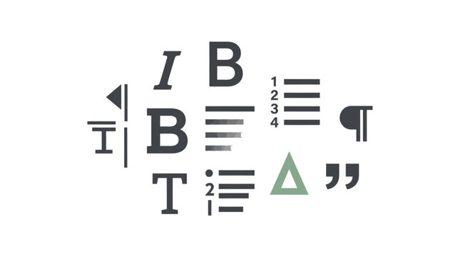 Typographic design elements showcasing various text formatting icons like bold, italic, list numbering, and paragraph markers in a clean graphic