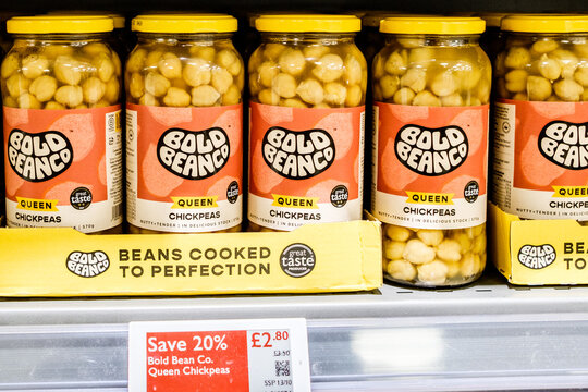  Jars Of Bold Bean Co Queen Chickpeas Displayed On A Supermarket Shelf With Discount Price Tags