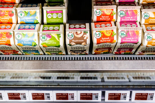 Selection Of New  Covent Garden Soup Cartons On A Supermarket Shelf With Discount Price Tags