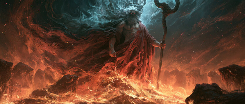 Ancient titan god, like Cronus, with white beard, red eyes, red robe, stands in infernal landscape of fire, lava, smoke, wielding trident-like staff under turbulent sky, embodying primeval