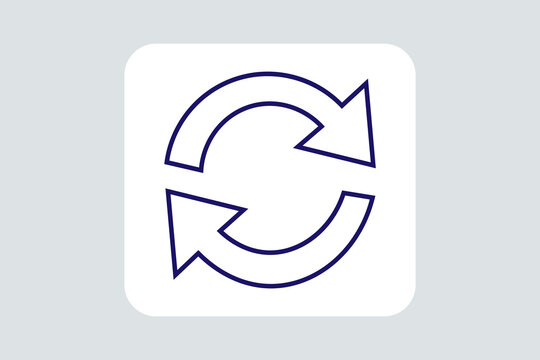 The image features a minimalist, dark blue refresh or sync icon centered inside a white rounded square button, set against a light grey background.