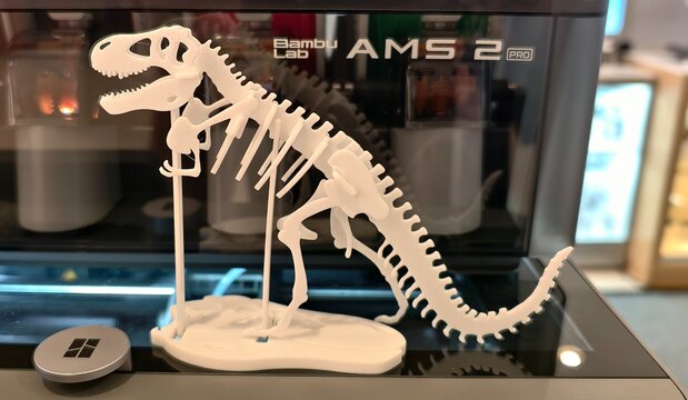 Alor Setar, Malaysia-17th September 2026.3D-printed Tyrannosaurus Rex skeleton puzzle, commonly included as a pre-loaded test model on Bambu Lab 3D printers.