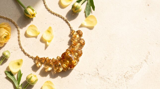 Citrine and gold jewelry in a radiant spring flatlay