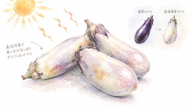 水彩画で描かれた、高温障害で白っぽく変色したナスと通常のナスの比較