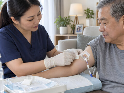 Home care nurse performing routine PICC dressing change for older Asian man with sterile technique