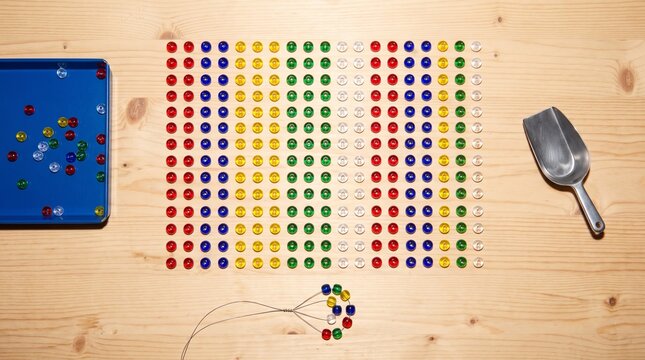 Glass bead color grid on an artisan studio table