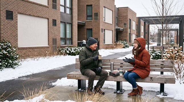 Neighbors talk on a bench in winter courtyard