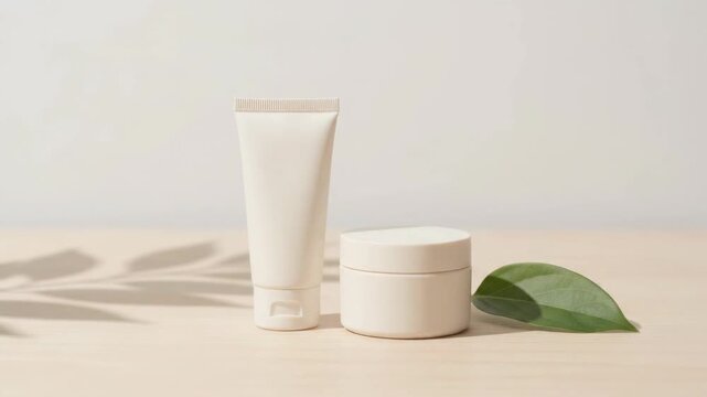 Ivory Cosmetic Tube and Cream Jar on Wooden Table with Leaf Shadow