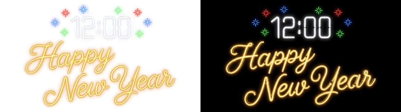 Neon sign of a 12:00 digital clock above gold Happy New Year script featuring PNG, Transparent and Black Background for design use