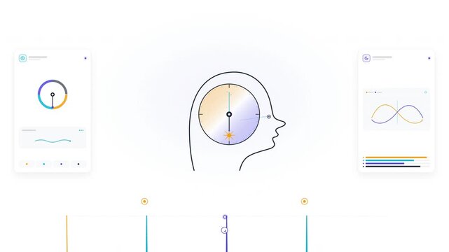 Circadian health line animation on white background. Sleep wake cycle regulation. Circadian health human head integrates clock and day night cycle. 4k animation