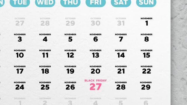 A nice November 2026 page of a wall calendar with the date of Black Friday highlighted. European calendar style, Monday start week layout