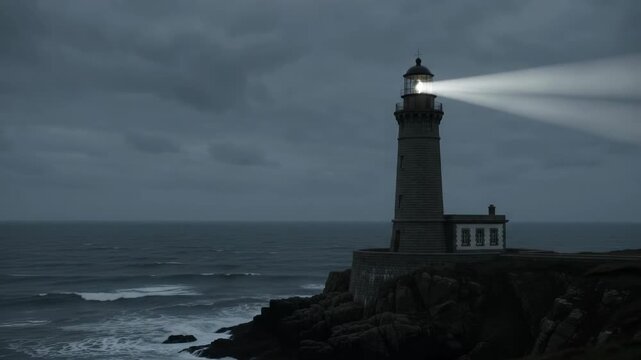 Stone Lighthouse Sweeping A Bright Light Beam Over The Sea At Dusk