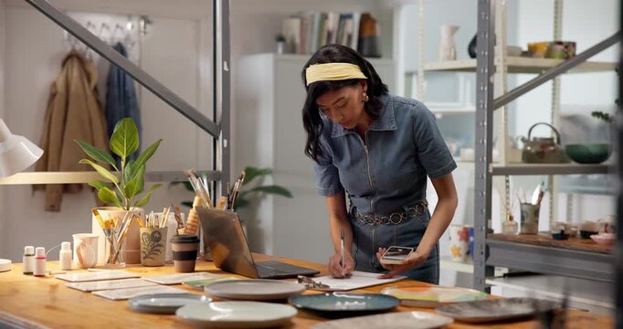 Pottery, phone and owner in shop with picture, product marketing and launch checklist for startup. Creative, ads or woman with clipboard, brand photography or ecommerce catalog for ceramic business.