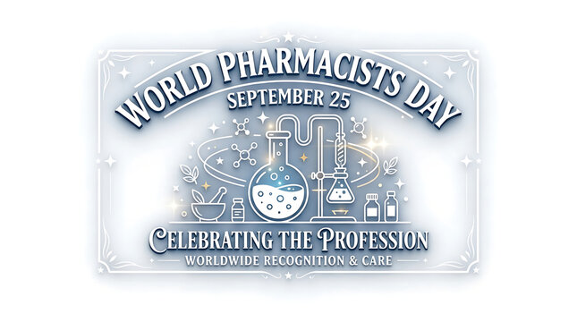  "WORLD PHARMACISTS DAY" over "SEPTEMBER 25," centers outlined lab equipment&mdash;beakers, test tubes and a mortar and pestle with a bubbling white liquid in the main beaker&mdash;and closes with "CELEBRATING 