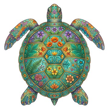 Colorful intricate floral pattern design on top of turtle shell artwork for decorative use