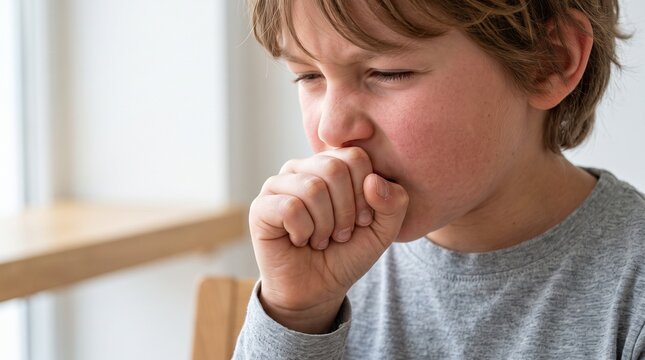 Child coughing into tightly closed hand