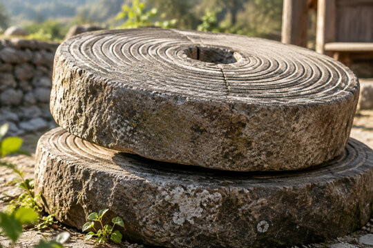 Two massive, weathered stone millstones with concentric grooves in soft morning light.