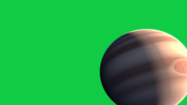 Camera zooming, pulling back for showing gas-giant bands, oval storm, moons appearing on clear bg
